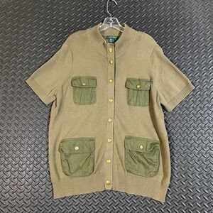 Lauren Ralph Lauren Womens 1X Olive Green Cotton Short Sleeve Cargo Cardigan